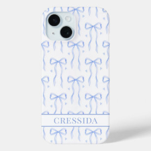 Blue Coquette Bows Monogrammed iPhone 15 Case