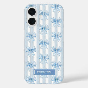 Blue Coquette Bows on Stripes Monogrammed iPhone 16 Case