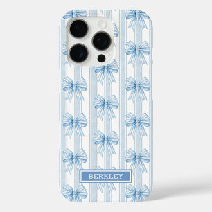 Blue Coquette Bows on Stripes Monogrammed iPhone 16 Pro Case