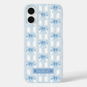 Blue Coquette Bows on Stripes Monogrammed iPhone 16 Plus Case