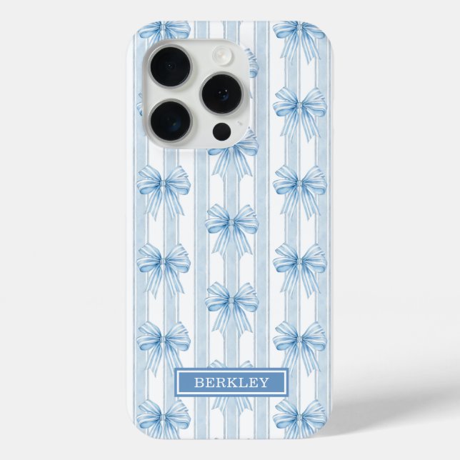 Blue Coquette Bows on Stripes Monogrammed Case-Mate iPhone Case (Back)