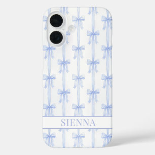 Blue Coquette Bows Striped Monogrammed iPhone 16 Case
