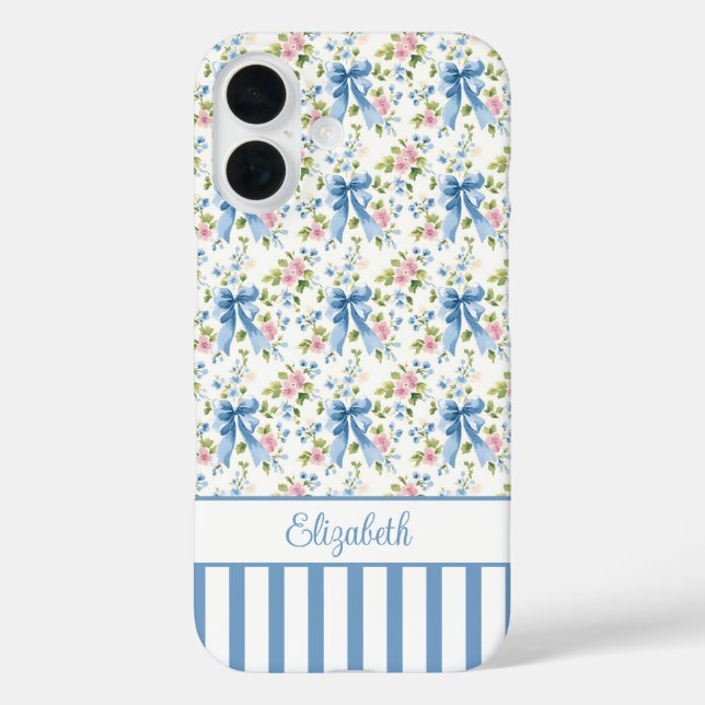 Blue Coquette Bows With Flowers Monogrammed  Case-Mate iPhone Case (Back)