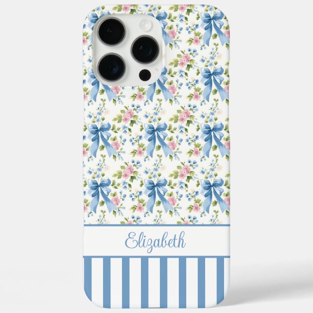Blue Coquette Bows With Flowers Monogrammed  Case-Mate iPhone Case (Back)