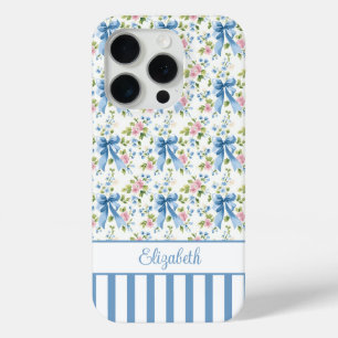 Blue Coquette Bows With Flowers Monogrammed iPhone 15 Pro Case