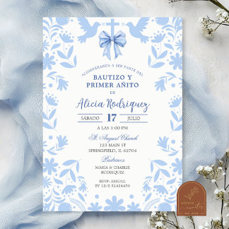 Blue Coquette Mexican Talavera Baptism Invitation