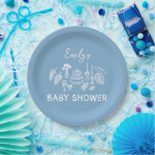 Blue coquette modern hand drawn baby shower paper plate
