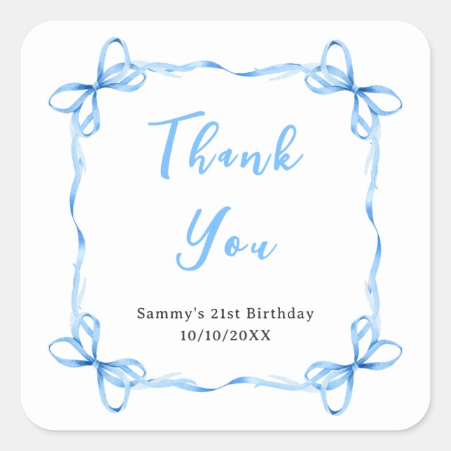 Blue Coquette Ribbon Birthday Party Thank You Square Sticker (Front)
