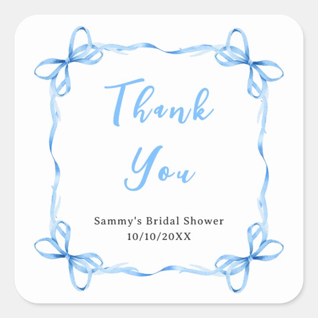 Blue Coquette Ribbon Bridal Shower Thank You Square Sticker (Front)