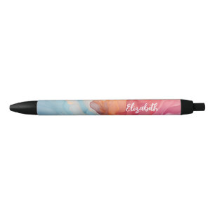 Blue Coral Alcohol Ink Swirl Personalised Name Black Ink Pen