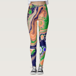 Blue, Coral and Green Pour Painting Fluid Art Leggings