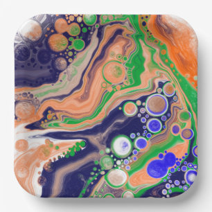 Blue, Coral and Green Pour Painting Fluid Art    Paper Plate