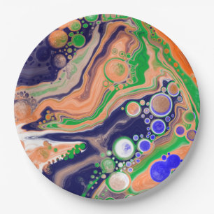 Blue, Coral and Green Pour Painting Fluid Art   Paper Plate