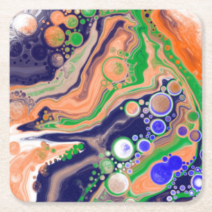Blue, Coral and Green Pour Painting Fluid Art Square Paper Coaster