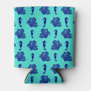 Blue Coral and Seahorses Coastal Beach Can Cooler