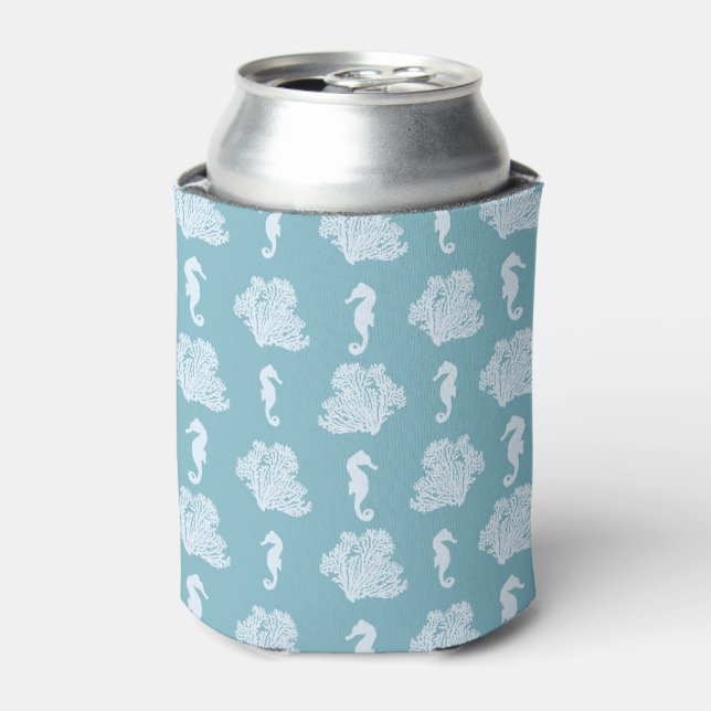 Blue Coral and Seahorses Coastal Beach Can Cooler (Can Front)