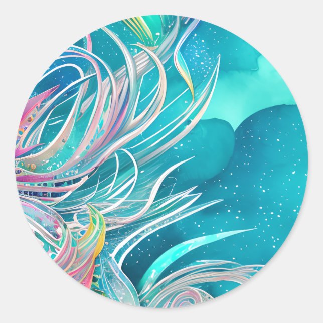 Blue Coral Beachy Abstract Art Classic Round Sticker (Front)