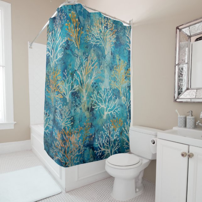 Blue Coral Beachy Pattern Shower Curtain (In Situ)