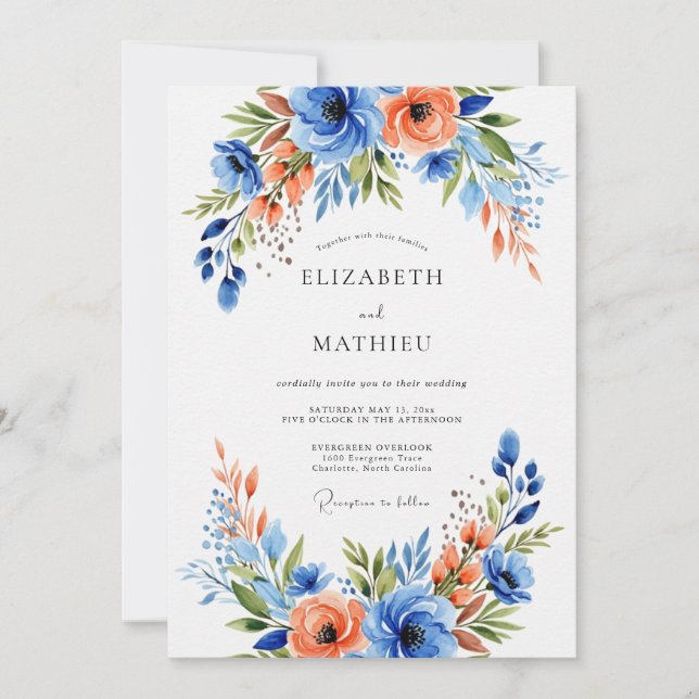 Blue Coral Bloom Wedding Invitation (Front)