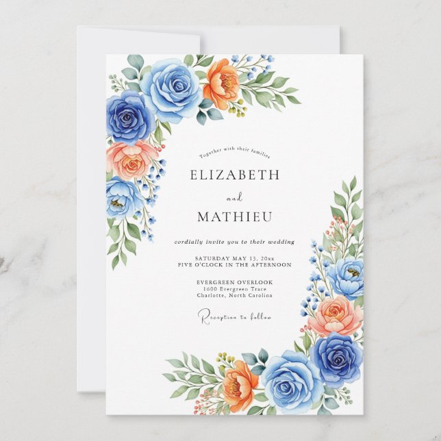Blue Coral Botanical Romance Wedding Invitation (Front)