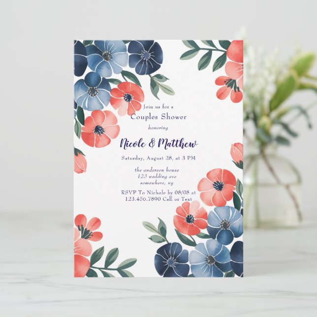 Blue & Coral Bouquet Wedding Couples Shower Invitation (Standing Front)