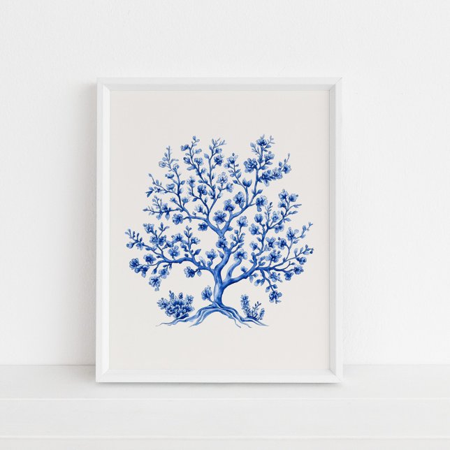 Blue Coral Branch – Coastal Blue on Beige Poster (Blue Coral Branch – Coastal Blue on Beige Poster in a white frame on the floor)
