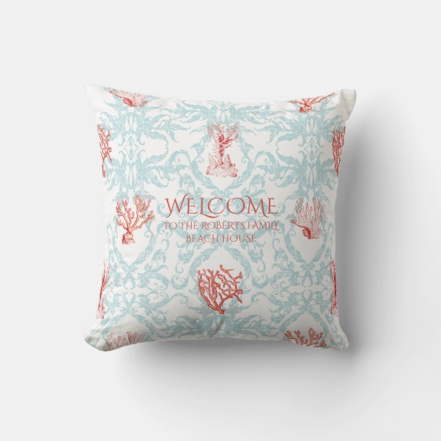 Blue Coral Damask Beach House Welcome Sign Family Cushion (Front)