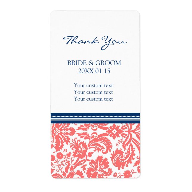 Blue Coral Damask Pattern Wedding Labels (Front)