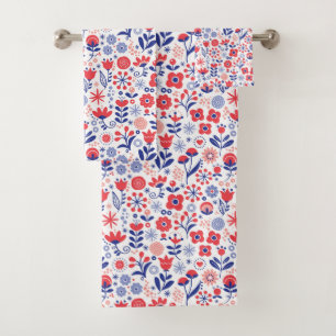 Blue & Coral Floral Pattern Bath Towel Set