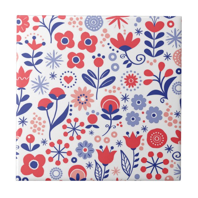 Blue & Coral Floral Pattern Ceramic Tile (Front)