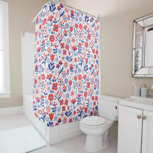 Blue & Coral Floral Pattern Shower Curtain