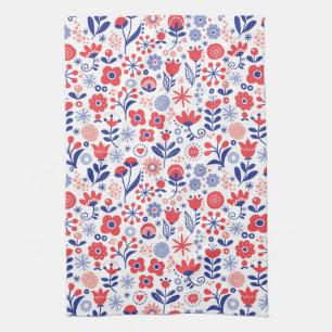 Blue & Coral Floral Pattern Tea Towel