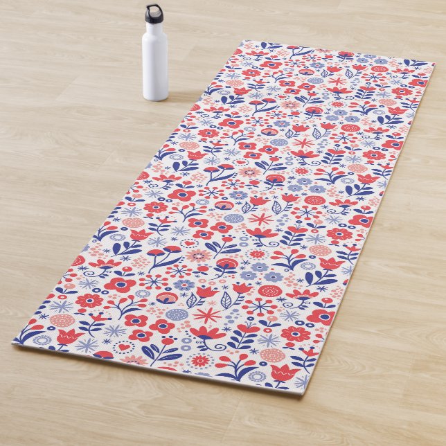 Blue & Coral Floral Pattern Yoga Mat (In Situ)