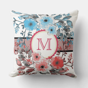 Blue Coral Floral Vintage Monogram Cushion