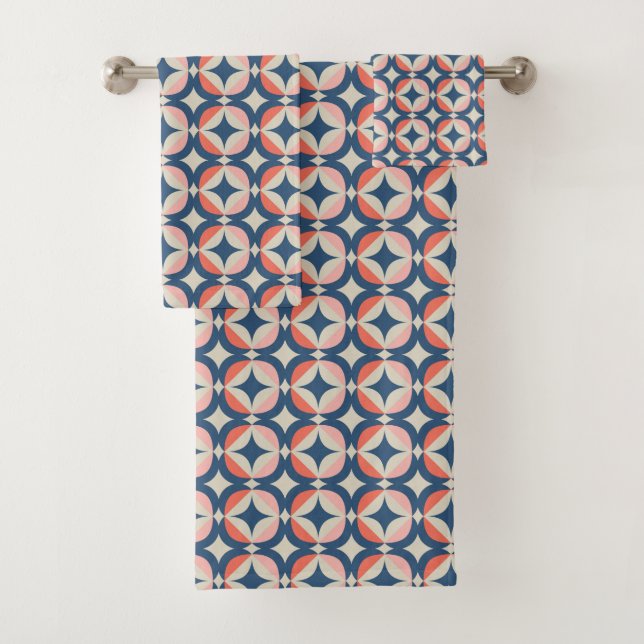 Blue & Coral Geometric Pattern Bath Towel Set (Insitu)