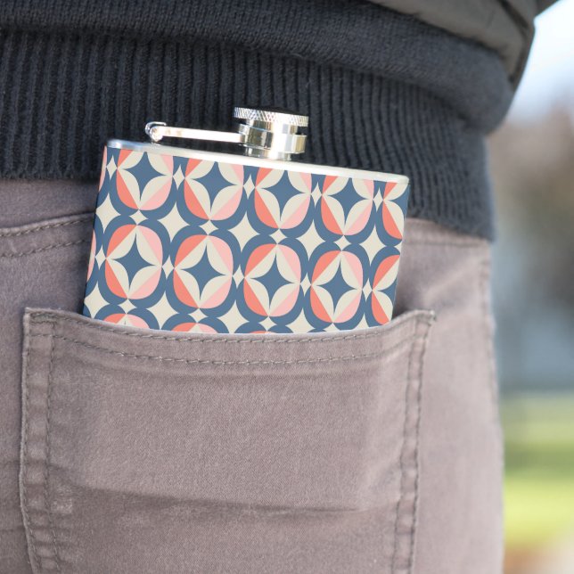 Blue & Coral Geometric Pattern Hip Flask (In Situ)