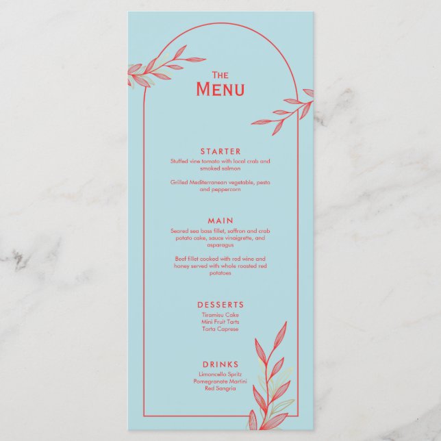 Blue Coral Gold Leaf Wedding Event Menu Flat Card (Front)