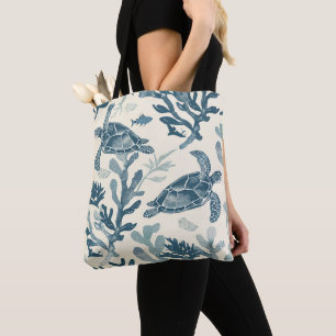 Blue Coral Leaves Art Print Tote Bag