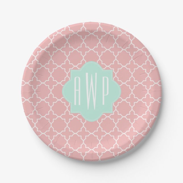 Blue + Coral Monogram Quatrefoil Paper Plate (Front)