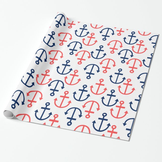 Blue & Coral Nautical Anchors On White Wrapping Paper (Unrolled)