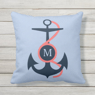 Blue & Coral Nautical Boat Anchor Outdoor Cushion