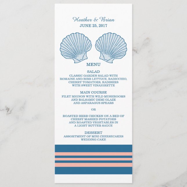 Blue Coral Nautical Seashells Wedding Menu (Front)