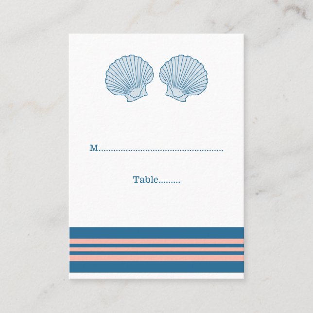 Blue Coral Nautical Seashells Wedding Place Cards (Front)
