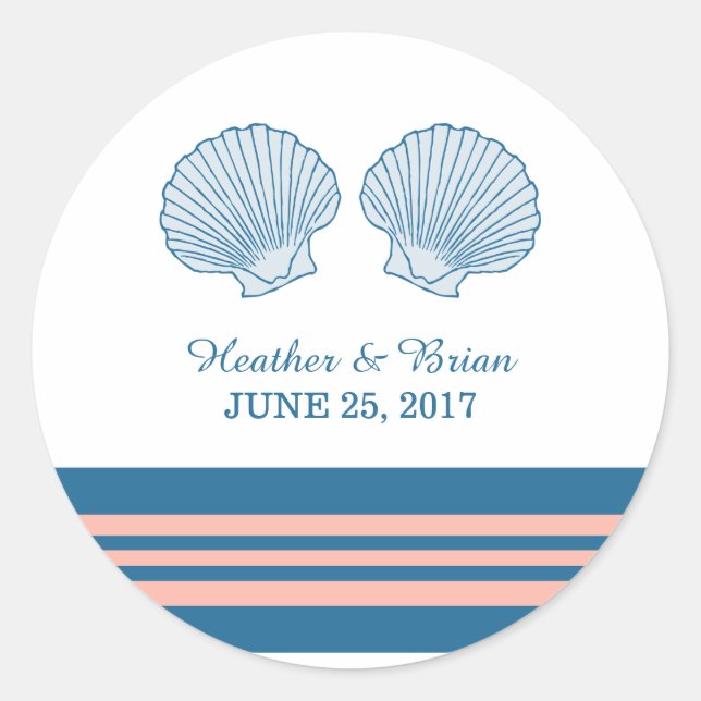 Blue Coral Nautical Seashells Wedding Stickers (Front)