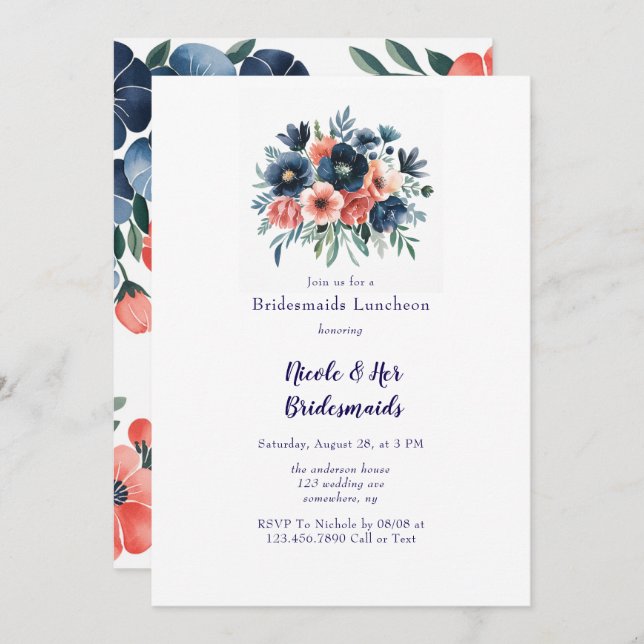 Blue & Coral Paint Bouquet Bridesmaids Luncheon Invitation (Front/Back)
