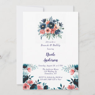Blue & Coral Paint Bouquet Brunch and Bubbly Invitation