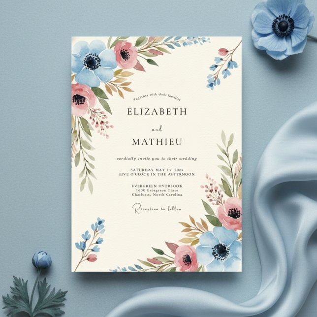 Blue Coral Painterly Bloom Wedding Invitation (Creator Uploaded)
