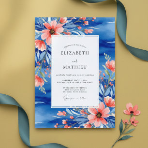 Blue Coral Painterly Botanical Wedding Invitation