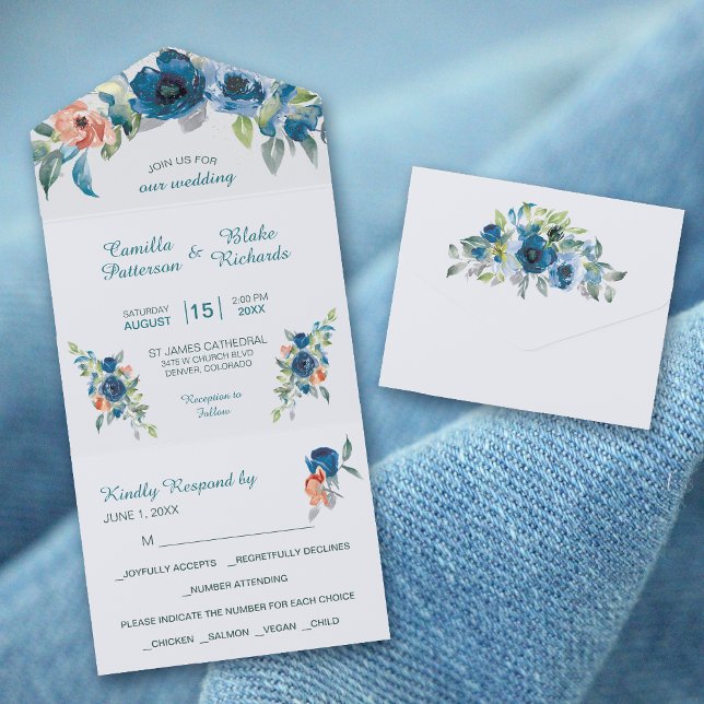 Blue Coral Peach Floral Bouquet Wedding  All In One Invitation (Creator Uploaded)