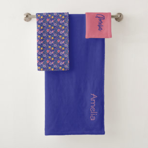 Blue coral pink simple wildflower pattern name bath towel set